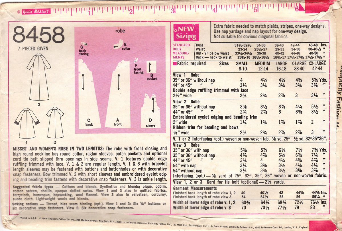 Simplicity Robe Pattern 1960's Simplicity Robe pattern in Two Lengths - Bust 31.5-32.5