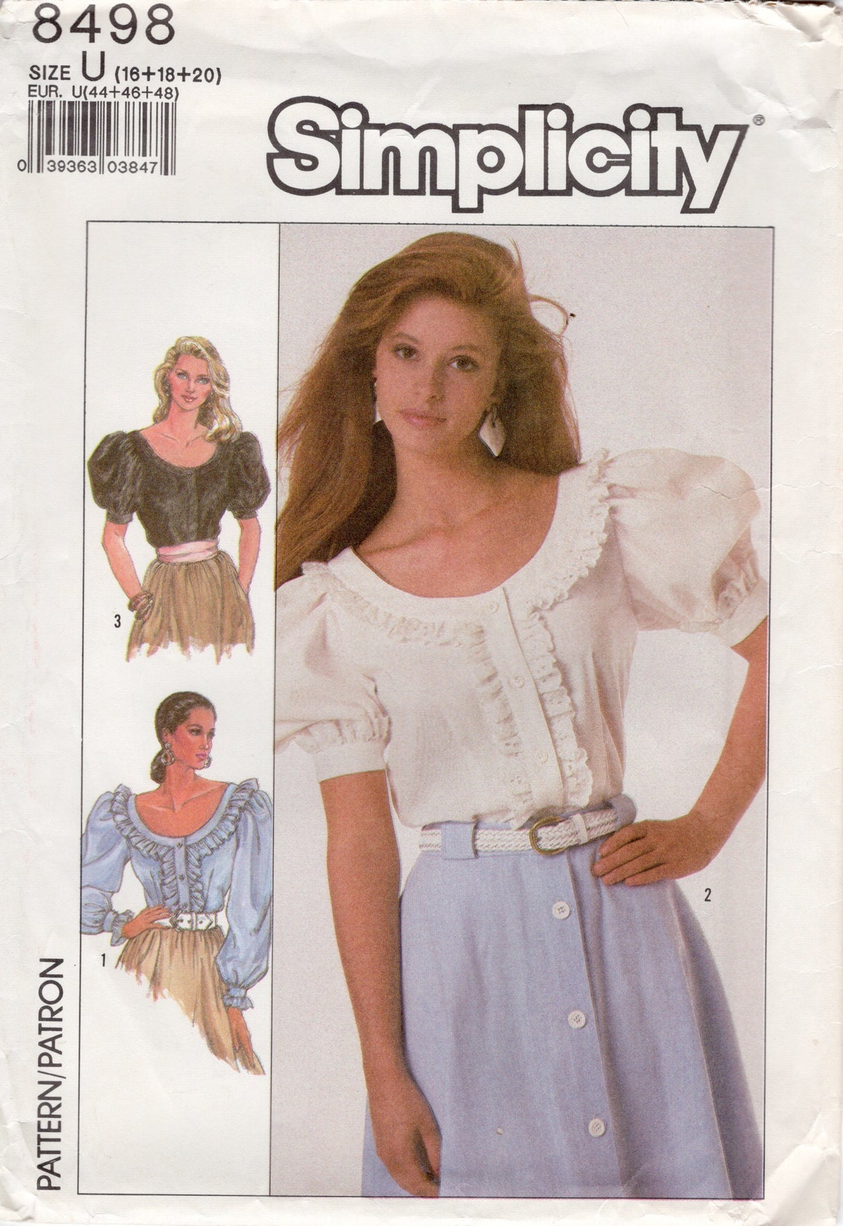 1980's Simplicity Button Up Blouse Pattern with Puff Sleeve - Bust 38-42" - No. 8498