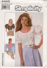 1980's Simplicity Button Up Blouse Pattern with Puff Sleeve - Bust 38-42" - No. 8498