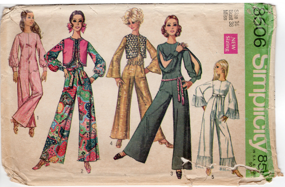 1960's Simplicity Jumpsuit and Bolero Pattern with optional Split Sleeve and Sash - Bust 38" - No. 8506