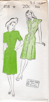 1940's New York Button Up Dress with or without Convertible Collar - Bust 30-36" - No. 858