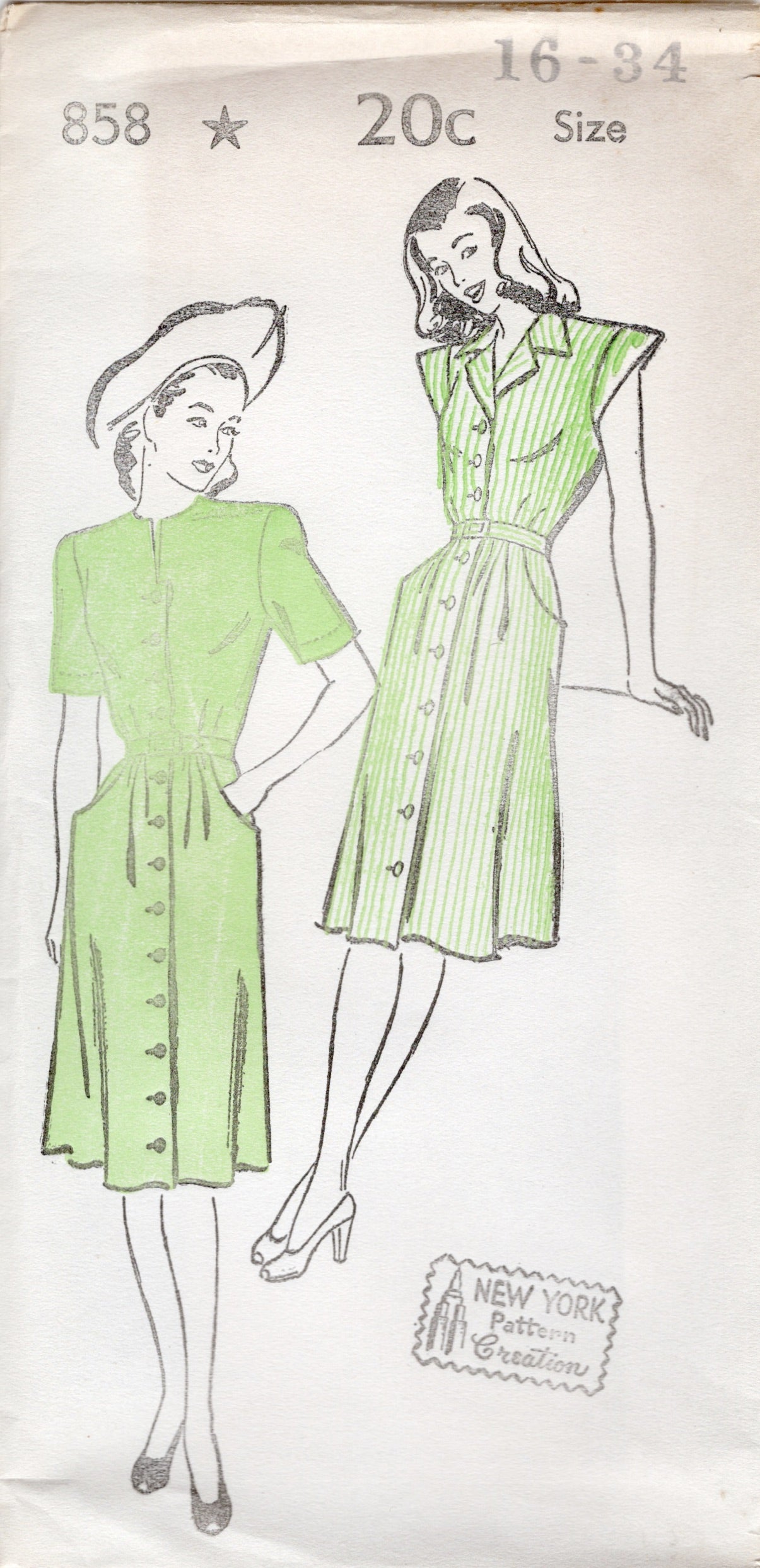 1940's New York Button Up Dress with or without Convertible Collar - Bust 30-36" - No. 858