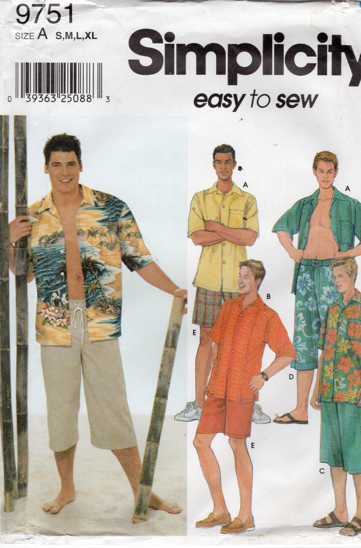 2000's Simplicity Men's Button Up Shirt and Shorts in Two Lengths Pattern - Chest 34-48" - No. 9751