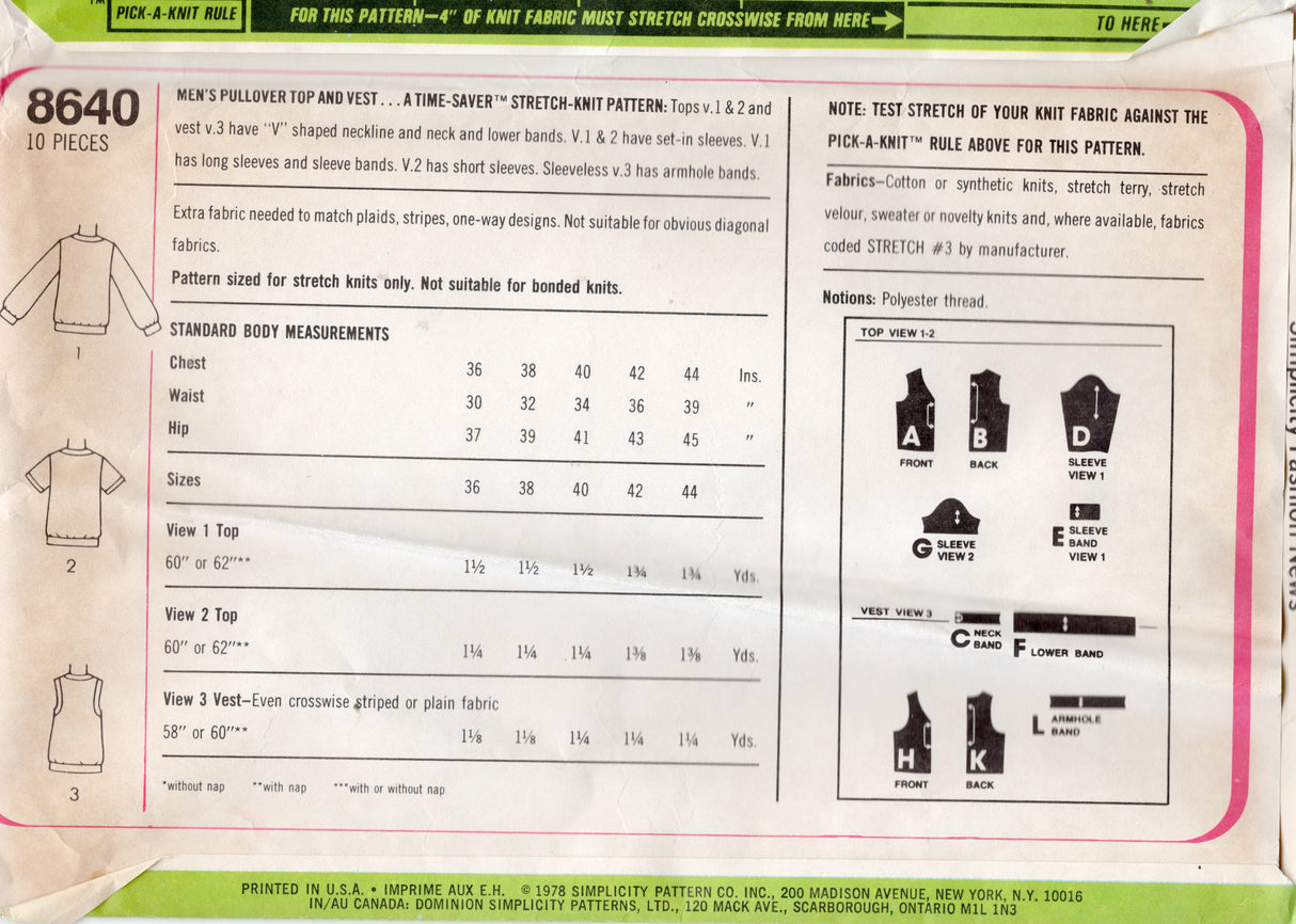 1970's Simplicity Men's Pullover Cardigan or Sweater Vest Pattern - Chest 40-44" - No. 8640