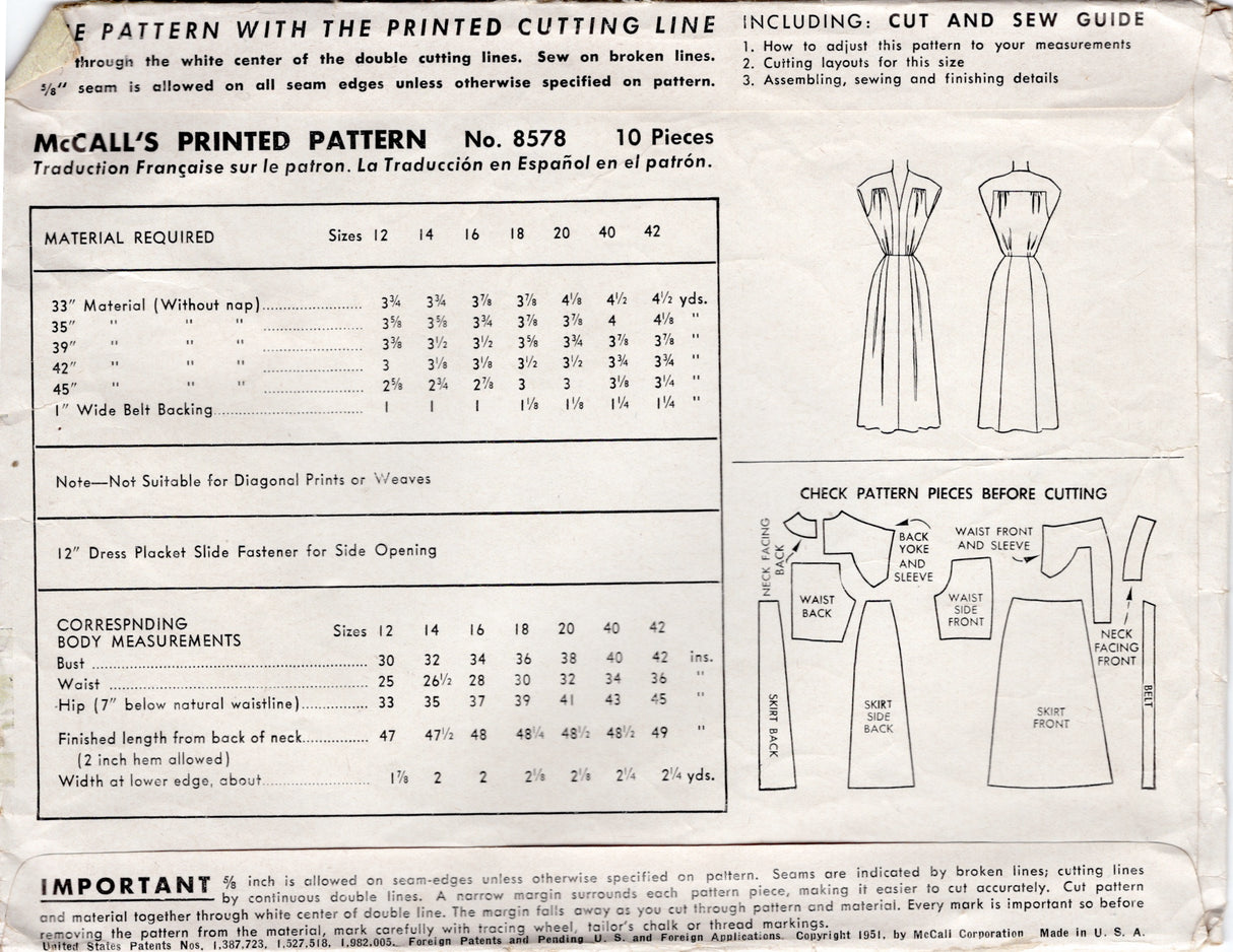 1950's McCall's Gathered Bodice Dress Pattern with Large Yoke - Bust 34" - No. 8578