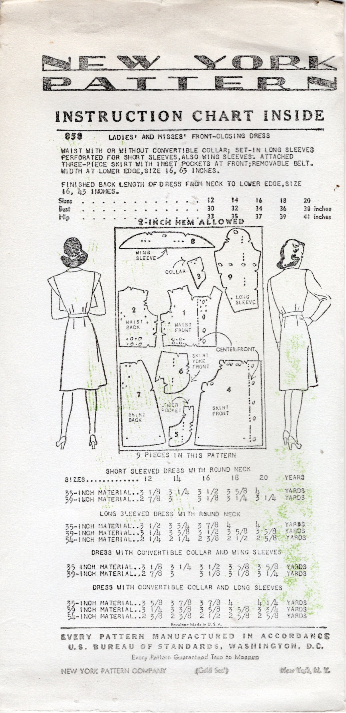 1940's New York Button Up Dress with or without Convertible Collar - Bust 30-36" - No. 858