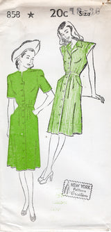 1940's New York Button Up Dress with or without Convertible Collar - Bust 30-36" - No. 858