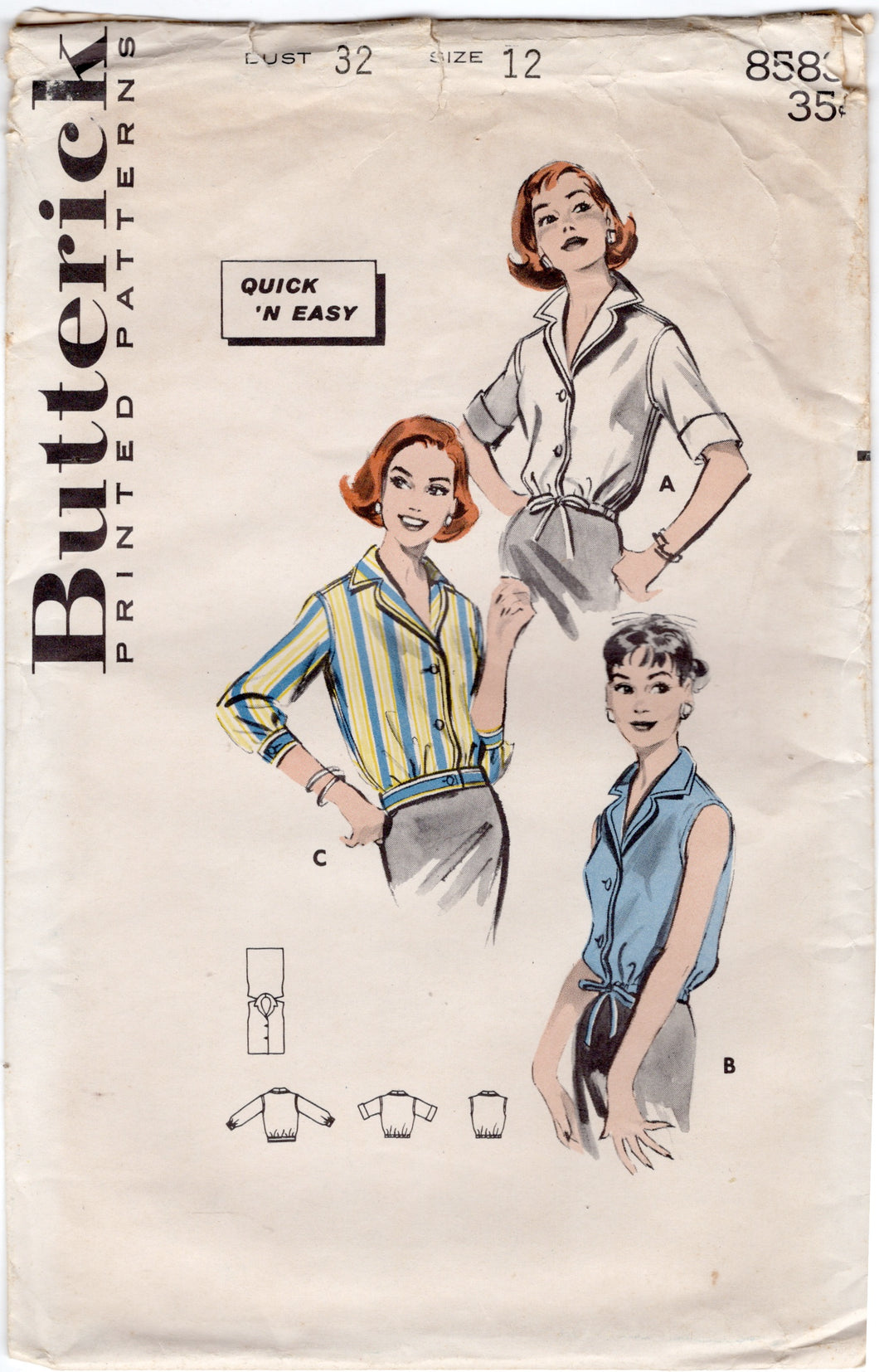 1950's Butterick Button-Up Blouse wiith Banded Bottom Pattern - Bust 32