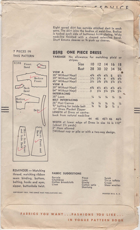 1950's Vogue Pin Tucked Boat Neck Shirtwaist Dress Pattern - Bust 32" - No. 8598