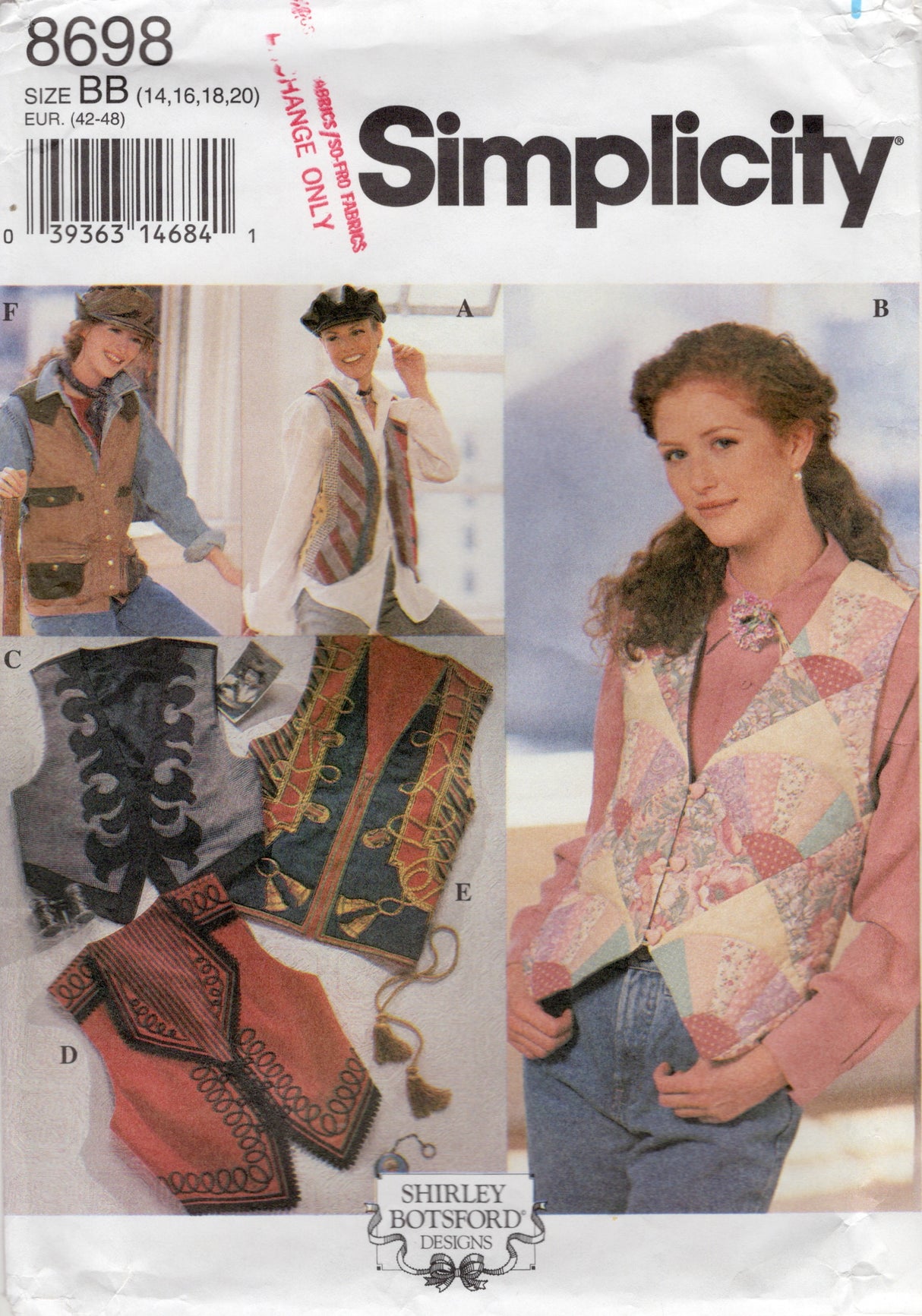 1990’s Simplicity Set of Vest Pattern - Bust 36-42" - No. 8698