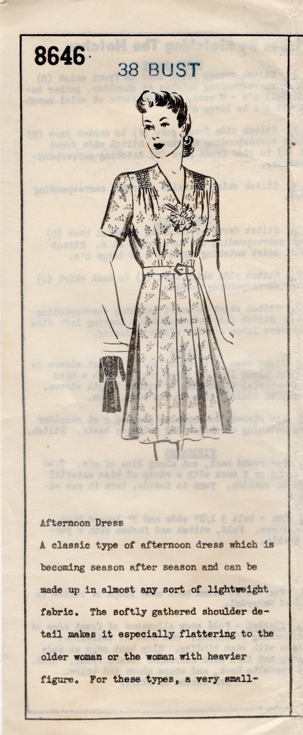 1940's Mail Order Shirred Shoulder Dress Pattern - Bust 38" - No. 8646