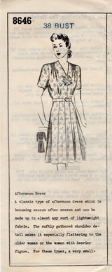 1940's Mail Order Shirred Shoulder Dress Pattern - Bust 38" - No. 8646