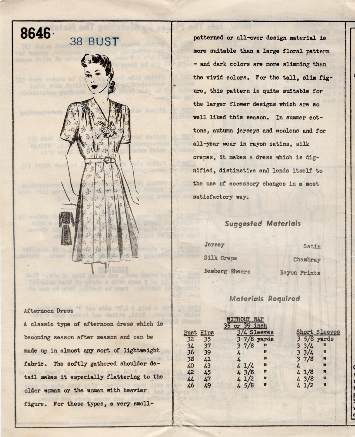 1940's Mail Order Shirred Shoulder Dress Pattern - Bust 38" - No. 8646