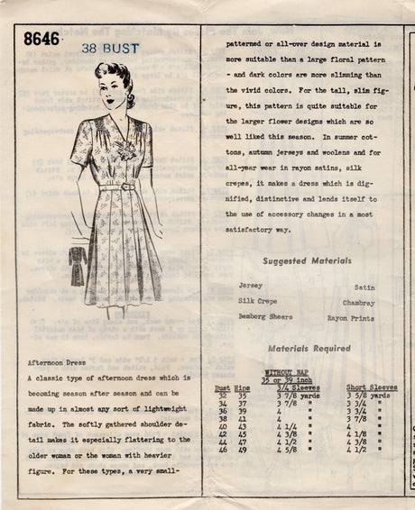 1940's Mail Order Shirred Shoulder Dress Pattern - Bust 38" - No. 8646