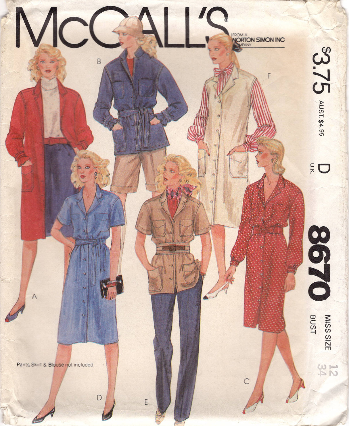 1980's McCall's One Piece Button Up Coat-Dress, Shirt-Jacket, Dress or Jumper Pattern - Bust 34" - no. 8670