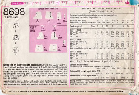 1970's Simplicity Skorts (Scooter Shorts) Pattern - Waist 25.5" - No. 8698