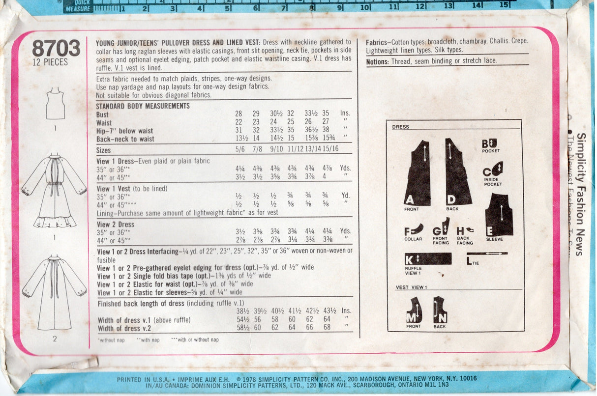 1970's Simplicity Pullover Dress and Vest Pattern - Bust 33.5-35" - No. 8703