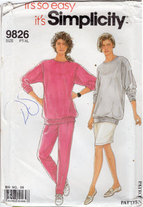 1990's Simplicity Pullover Top or Sweatshirt and Short or Sweatpants Pattern - Bust 30.5-46" - No. 9826