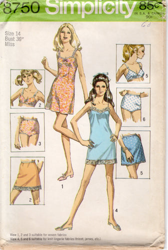 1970's Simplicity Full or Half mini-slip, Bra and Panties pattern - Bust 36