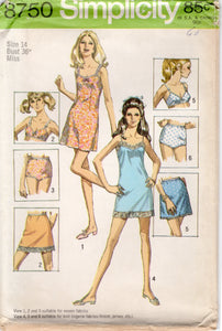 1970's Simplicity Full or Half mini-slip, Bra and Panties pattern - Bust 36" -  No. 8750