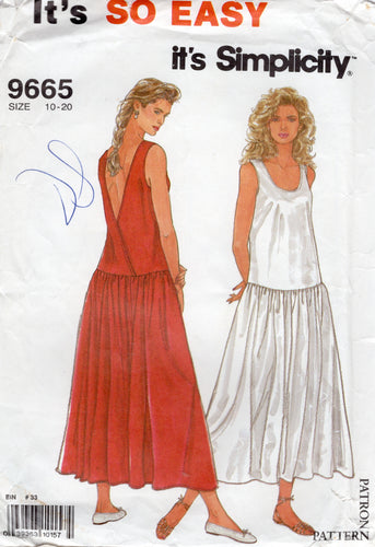 1990's Simplicity One Piece Dress Drop Waist and Gathered Skirt pattern - Bust 32.5-42
