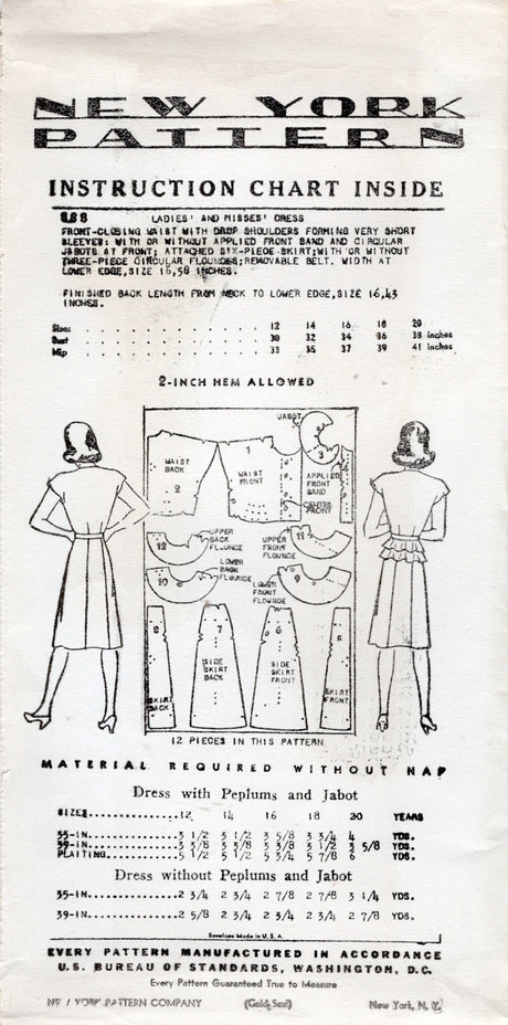 1940's New York One Piece Shirtwaist Dress Pattern with Double Peplum and Large Jabot - Bust 30-36" - No. 888