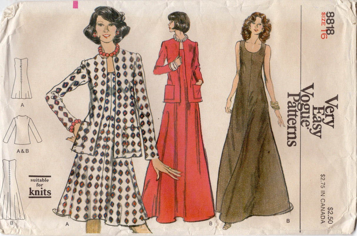 1970's Vogue Scoop Neck Midi or Maxi Dress and Jacket Pattern - Bust 38" - No. 8818