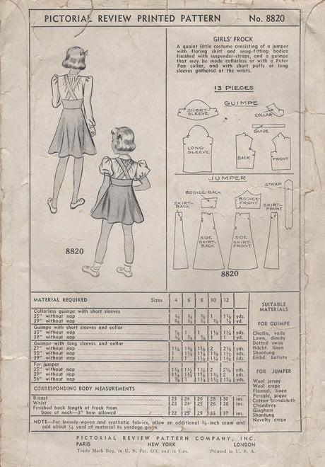 1930's Pictorial Child's Blouse and Dress Pattern - Chest 28" - No. 8820