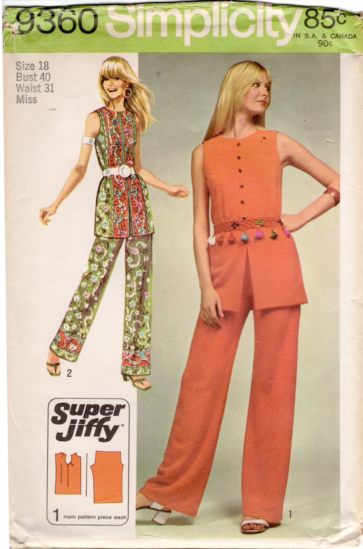 1970's Simplicity Super Jiffy Top and Pants Pattern - Bust 40" - No. 9360