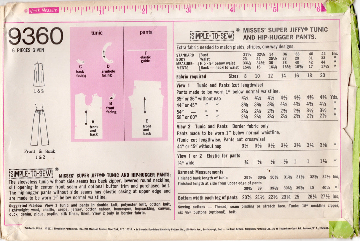 1970's Simplicity Super Jiffy Top and Pants Pattern - Bust 40" - No. 9360