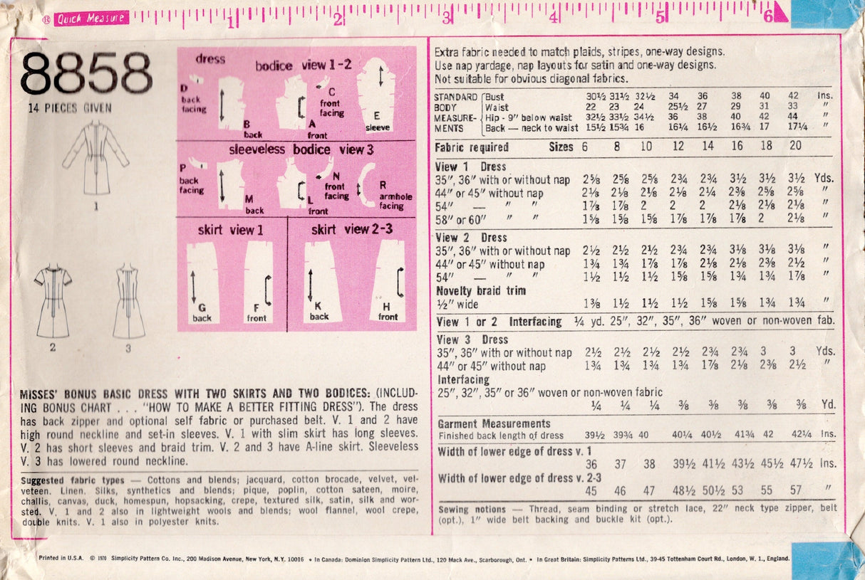 1970's Simplicity Basic Dress Pattern - Bust 40" - No. 8858