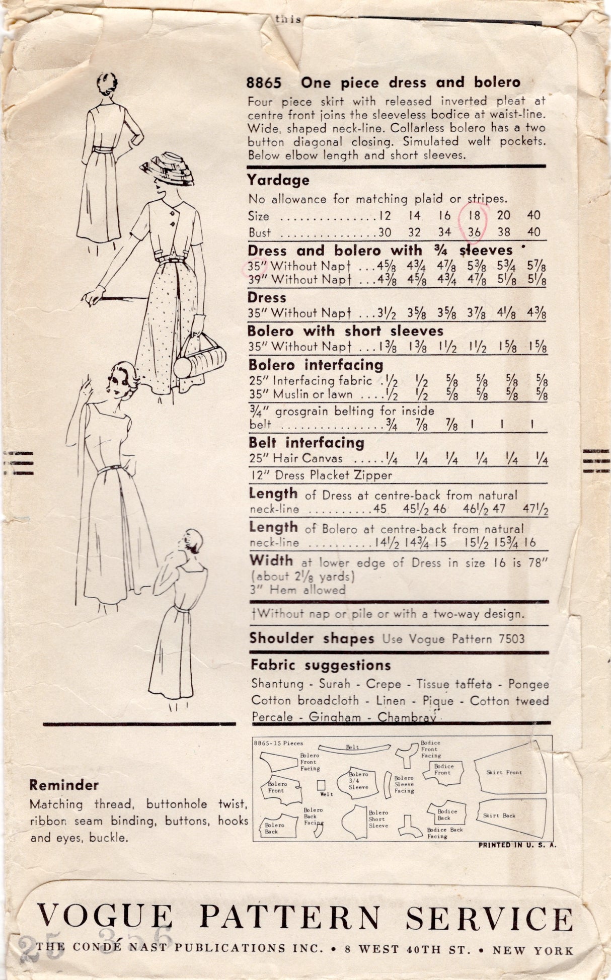1950’s Vogue One Piece Dress and Bolero Jacket Pattern - Bust 36” - No. 8865