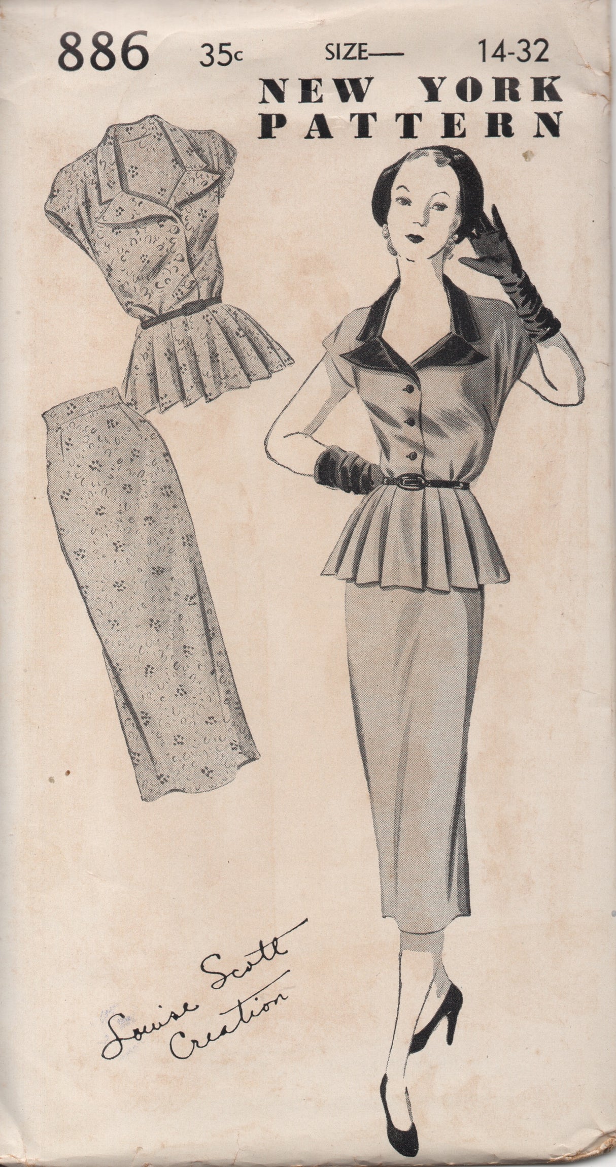 1940's New York Two Piece Peplum Dress Pattern - MYSTERY - No. 886