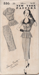 1940's New York Two Piece Peplum Dress Pattern - MYSTERY - No. 886