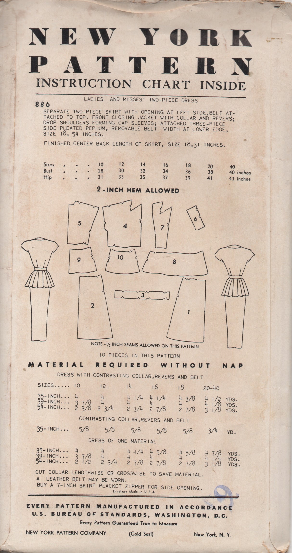 1940's New York Two Piece Peplum Dress Pattern - MYSTERY - No. 886