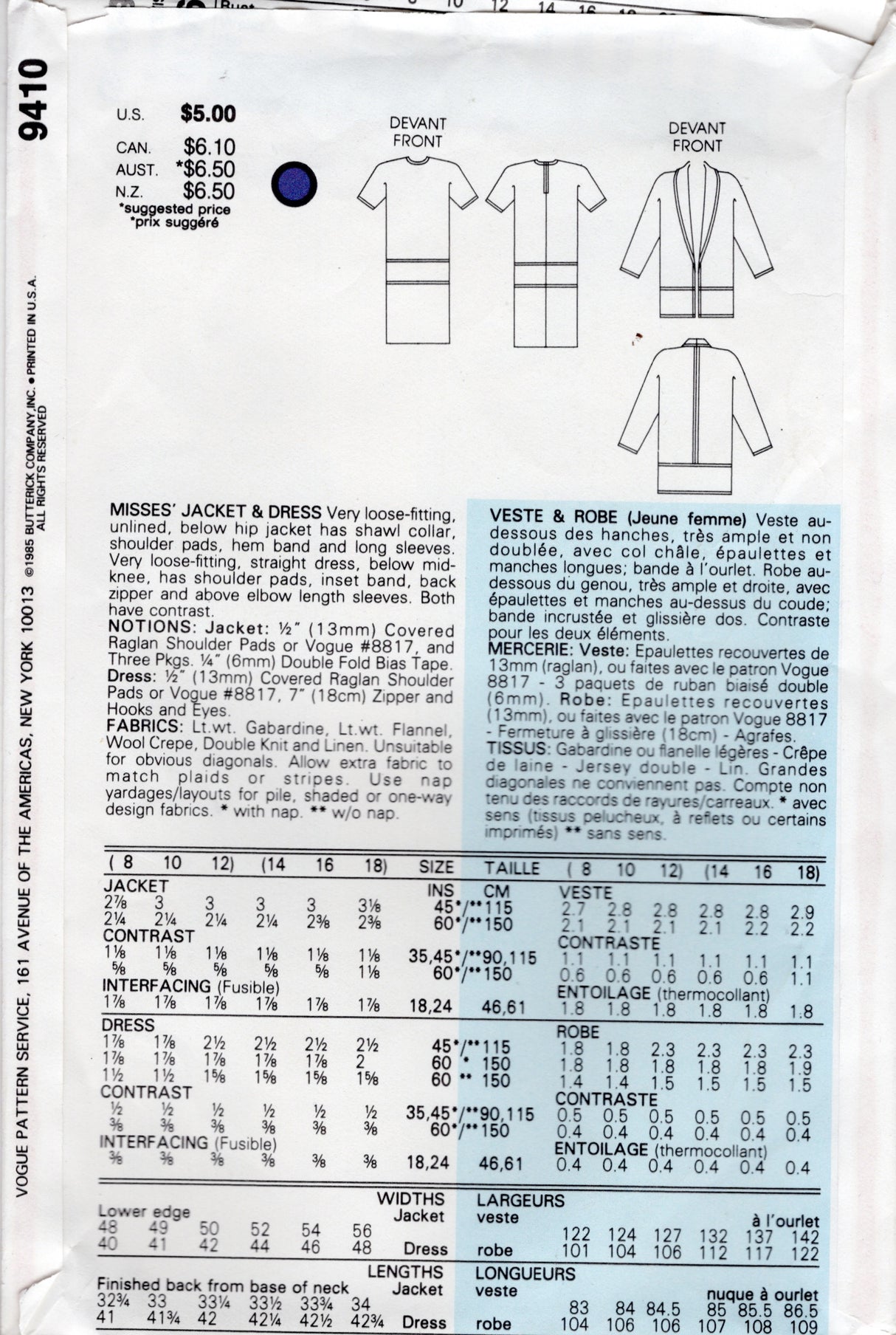 1980's Vogue Loose-Fitting Jacket and Straight Line Dress Pattern - Bust 31.5-34" - No. 9410