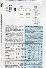 1980's Vogue Loose-Fitting Jacket and Straight Line Dress Pattern - Bust 31.5-34" - No. 9410