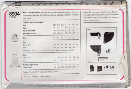 1970's Simplicity Vest and Yoked Circle Skirt - Bust 36" - No. 8904