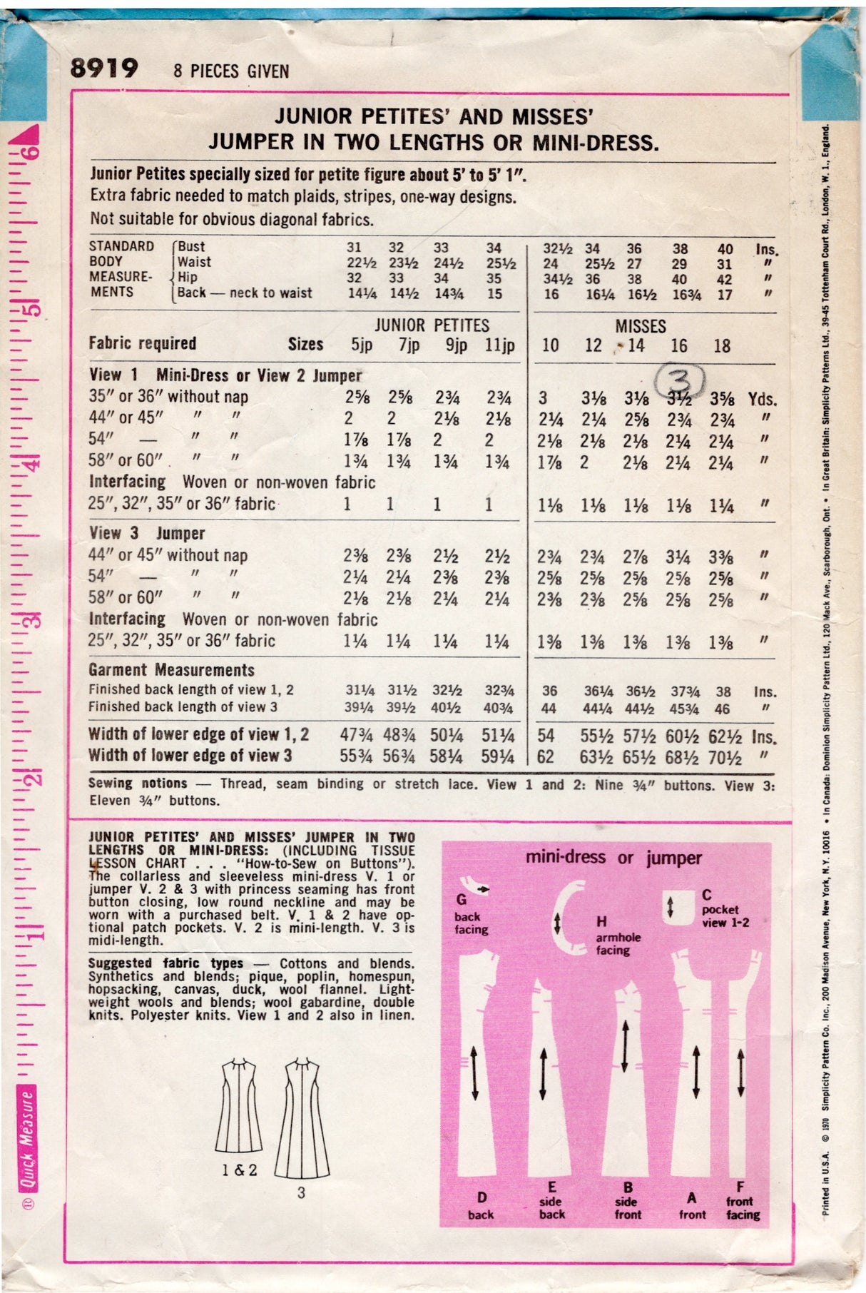 1970's Simplicity "How to Sew" Princess Line Button Up Dress Pattern - Bust 38" - No. 8919