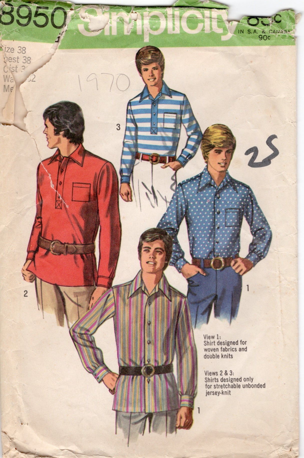 1970's Simplicity Men's Button Up or Pullover Shirt - Chest 38" - No. 8950
