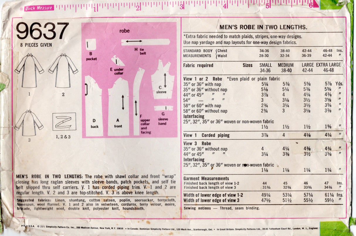 1970's Simplicity Men's Robe pattern - Chest 34-36" - No. 9637