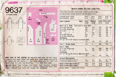 1970's Simplicity Men's Robe pattern - Chest 34-36" - No. 9637