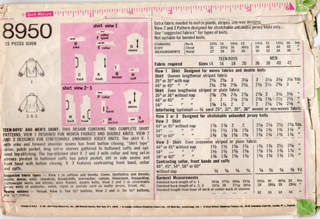 1970's Simplicity Men's Button Up or Pullover Shirt - Chest 38" - No. 8950