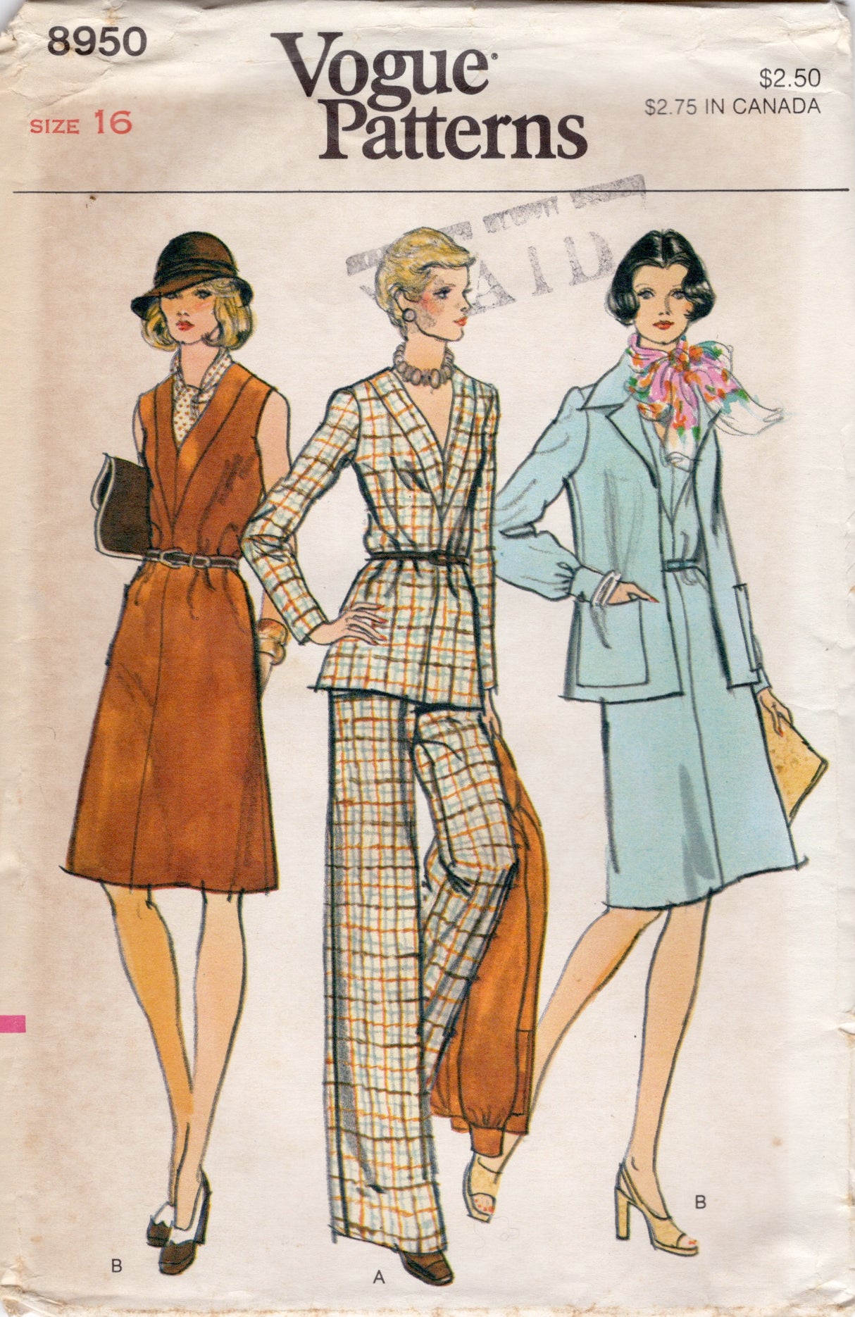 1970's Vogue Pullover V-neck Dress or Tunic, Jacket and Wide Leg Pants Pattern - Bust 38" - No. 8950