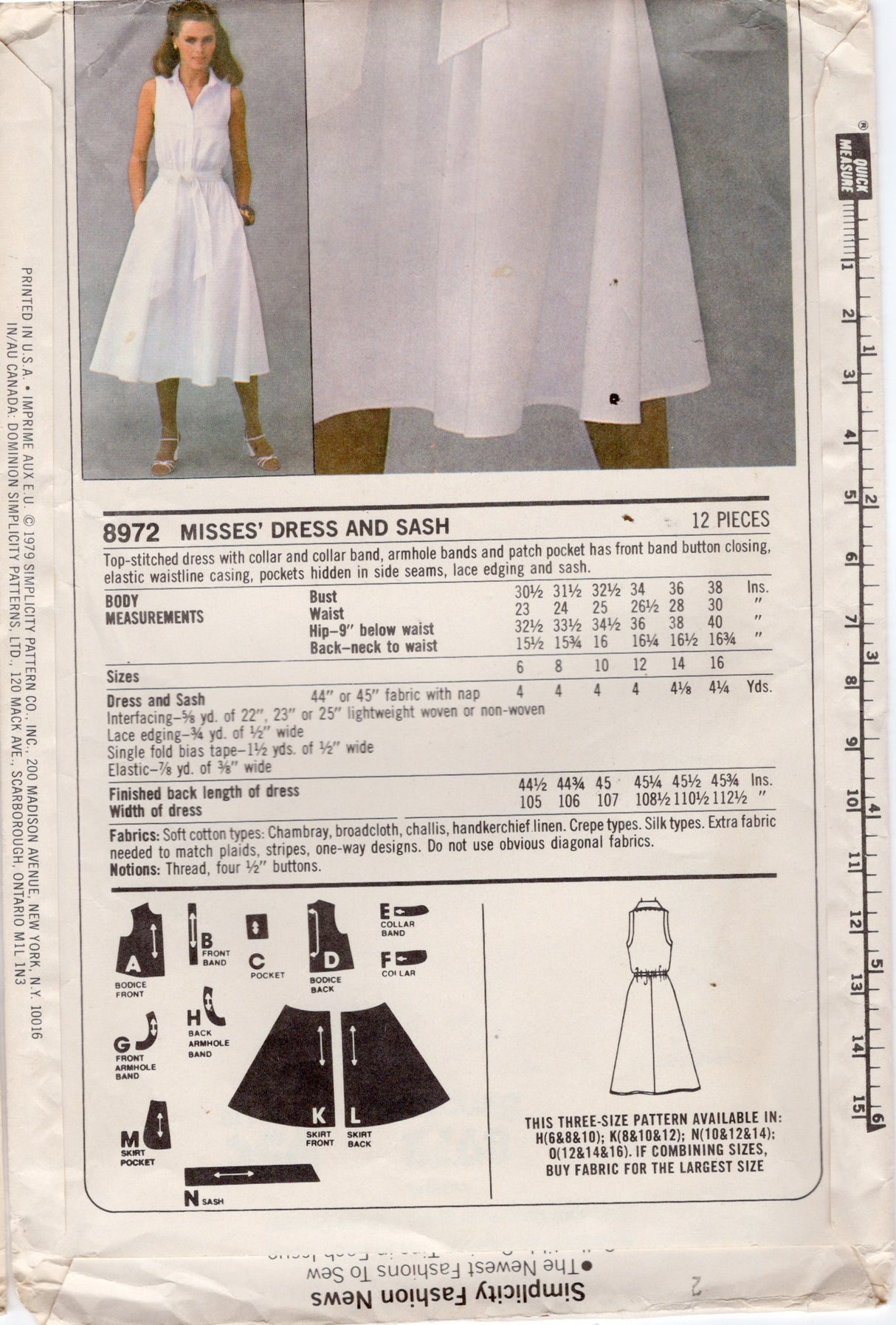 1980’s Simplicity Sleeveless Shirtwaist Dress Pattern- Bust 32.5-36” - No. 8972