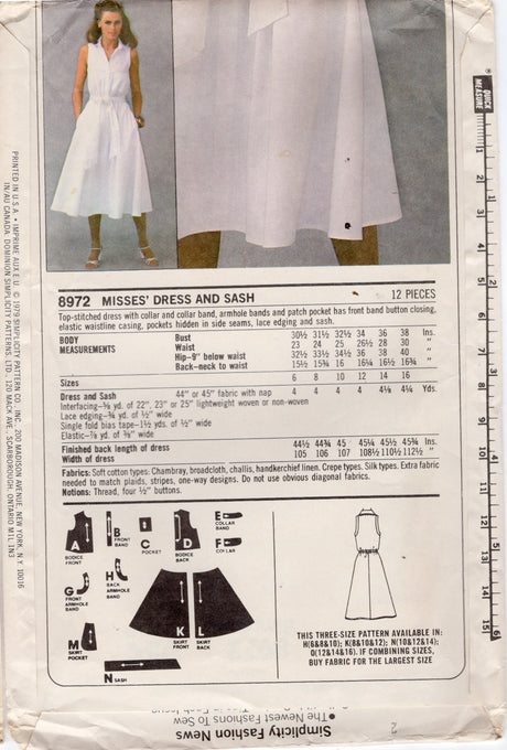 1980’s Simplicity Sleeveless Shirtwaist Dress Pattern- Bust 32.5-36” - No. 8972