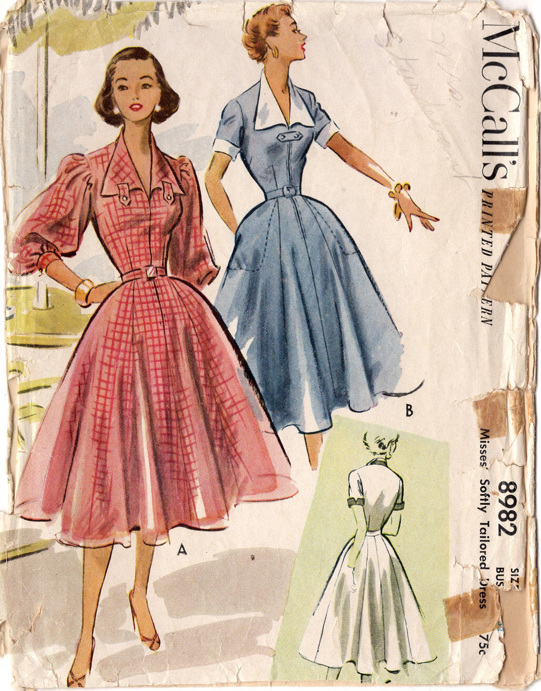 1950's McCall's Zip Front Fit and Flare Dress pattern with 4 sleeve styles - Bust 32