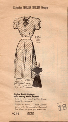 1940's Marian Martin One Piece Dress with Keyhole and back sash pattern - Bust 36