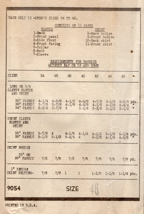 1940's Marian Martin Two Piece Suit with Dress-like Skirt - Bust 46" - No. 9054