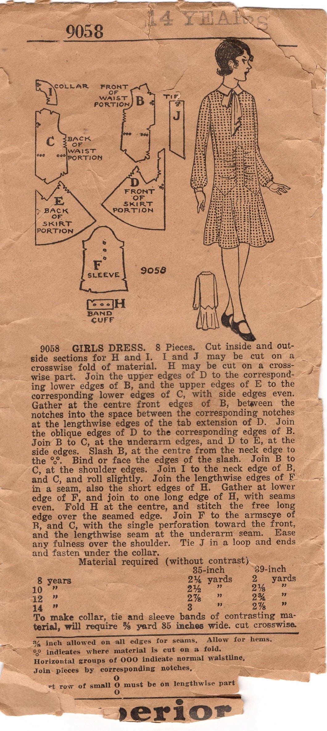1920's Superior Child's One Piece Dress Pattern With Zig Zag Detail - 14 years - Bust 32